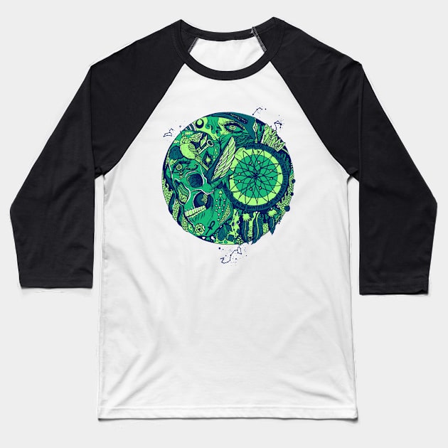 NGreen Skull and Dreamcatcher Circle Baseball T-Shirt by kenallouis